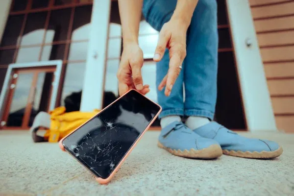 A person bends down to pick up a smartphone with a cracked screen from the ground.